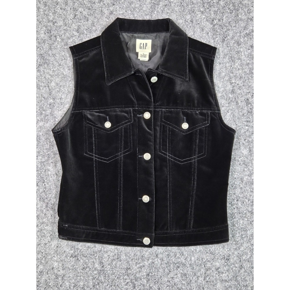 Vintage 90s Gap Black Velvet Trucker Vest Womens S Y2K Whimsigoth Grunge Minimal